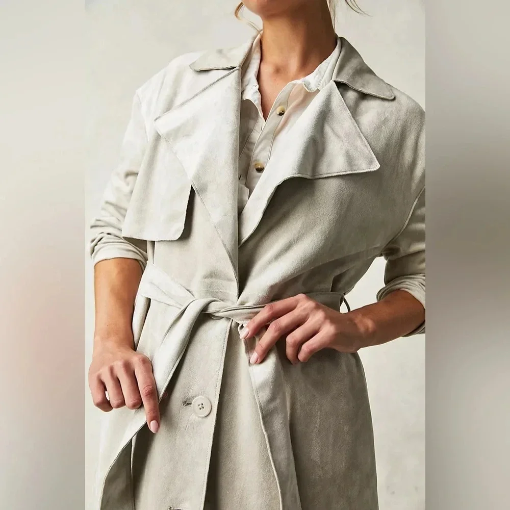 Anthropologie Blank NYC Green Faux Suede Plush Belted Trench Coat Jacket Sz XS - Picture 1 of 14